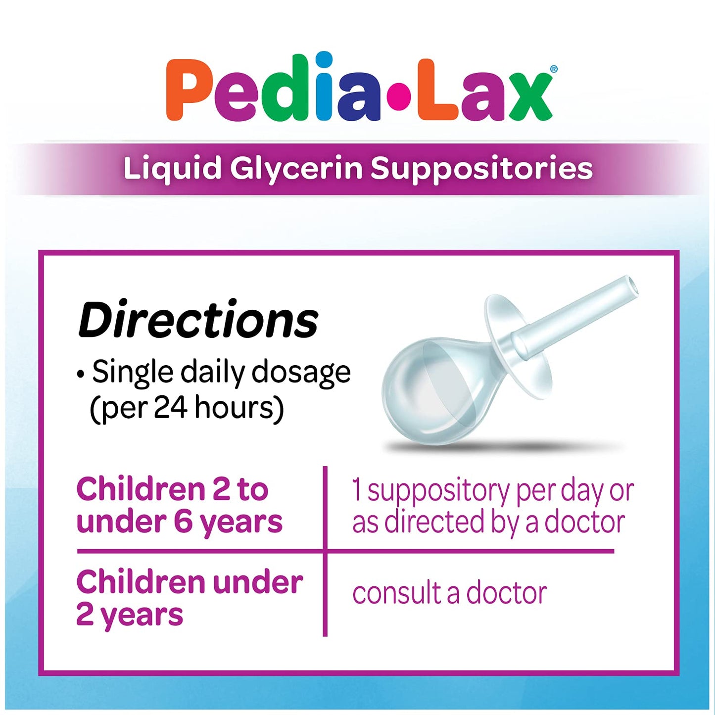Pedia-Lax Liquid Glycerin Suppositories for Kids Ages 2-5, Gentle Constipation Relief Laxative for Children, 6 Count, Pack of 24