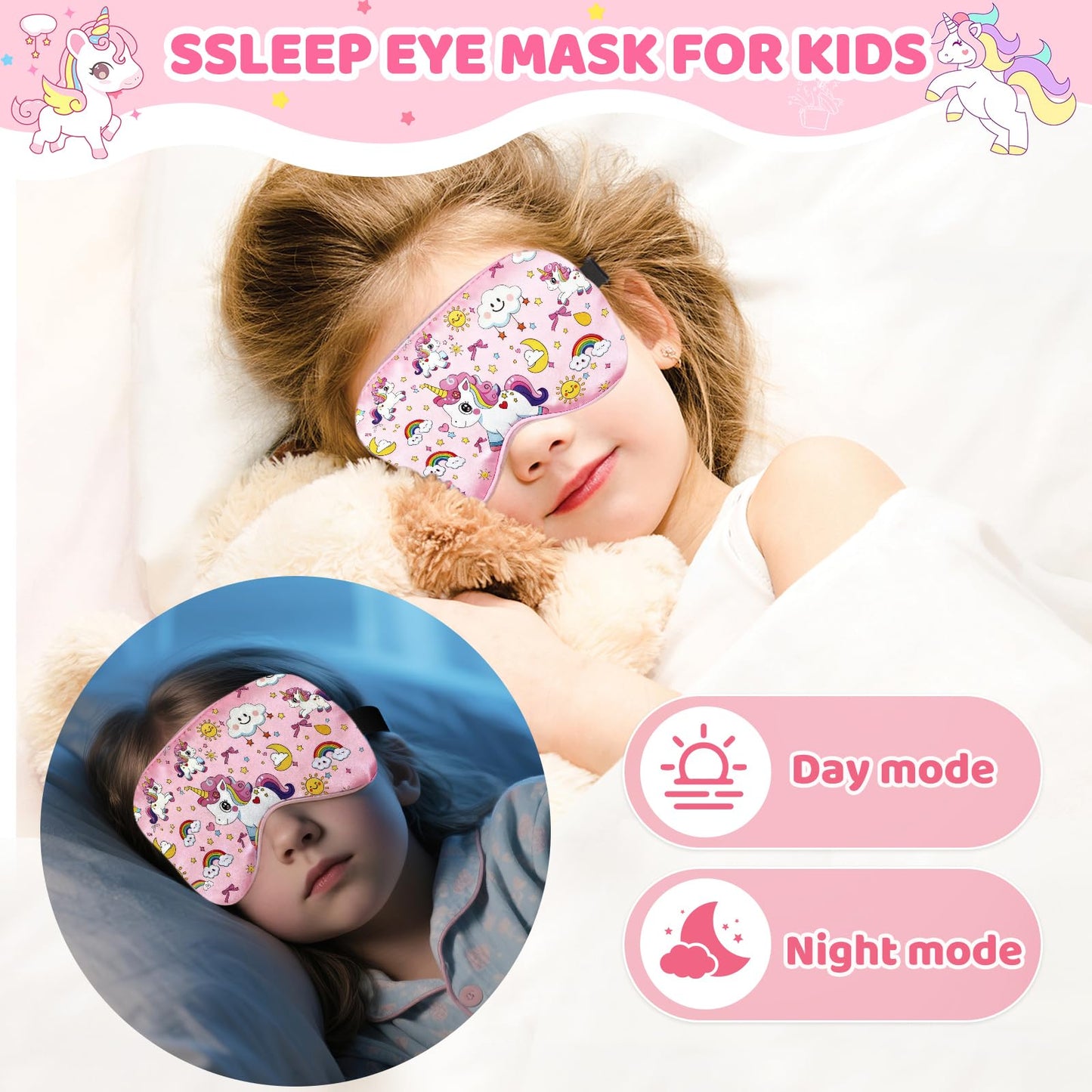 2 Pcs Sleep Mask for Kids Girls, Silk Eye Covers for Sleeping, Adjustable Strap & Light Blocking Design, Children's Bedtime Blindfold for Travel and Home Use (Rainbow Unicorn)