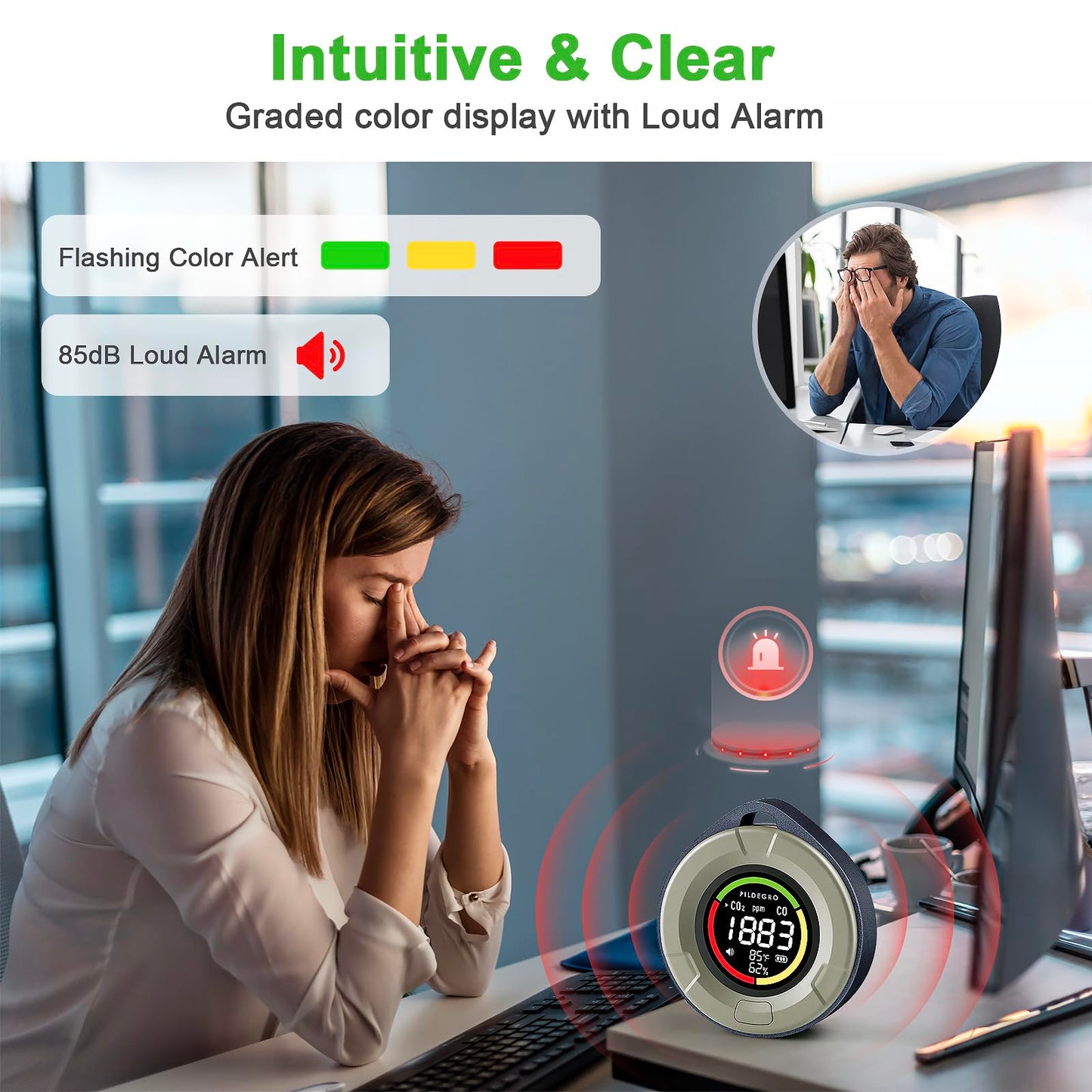 Pildegro 4-in-1 Portable Carbon Monoxide and Carbon Dioxide Detector, Upgraded Rechargeable Travel CO & CO2 Monitor 3-Day Standby, Premium Real-Time CO & CO2 Alarm for Air Safety & Quality (Gray)