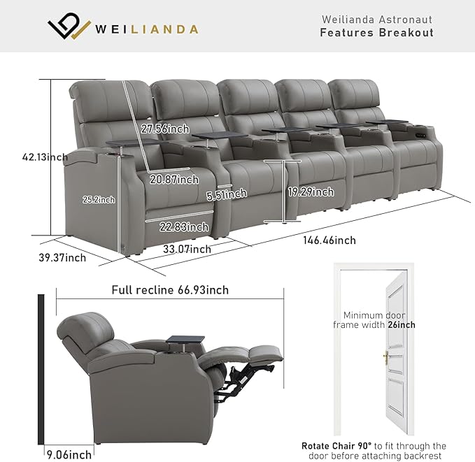Weilianda Home Theater Seating, Top Grain Leather Sectional Seats Recliner Chair, Zero Gravity Reclining Sofa with Power Headrest 7 Colors Ambient Lighting USB C Charge Row of 5 Grey