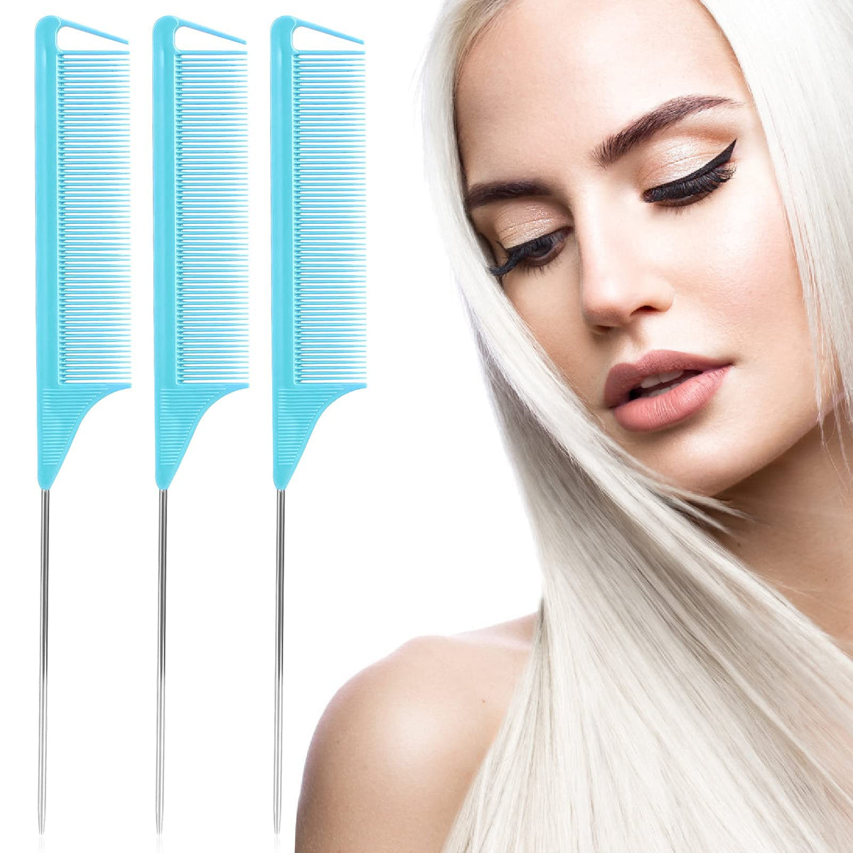 Long Steel Pin Rat Tail Combs Set: 3 Pieces Teasing Hair Combs for Salon Stylists - Includes Metal Parting Combs for Women (Blue