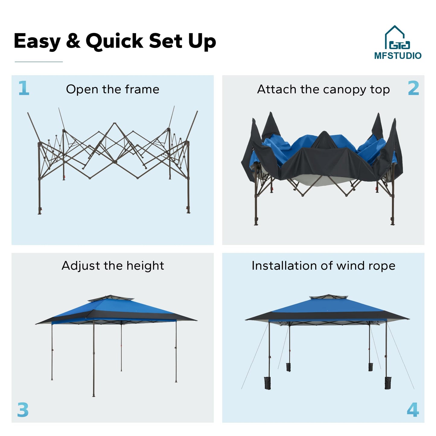 MFSTUDIO 13x13 1-Person Setup Pop Up Canopy Tent, Double-Tier Top Outdoor Instant Portable Shelter, Straight Legs, 169 sq.ft Large Sun Protection Shade, Blue