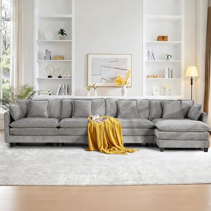 SoarFlash 149.61" Chenille Sectional Sofa, Comfy L Shaped Modular Coush Sofa with Ottoman, Modern 4 Seat Couch Deep Seat Sofa Set for Living Room,Grey