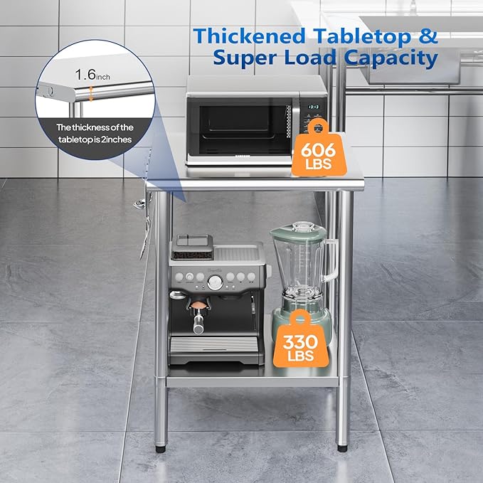 ROVSUN 24'' x 24'' Stainless Steel Table for Prep & Work,Commercial Worktables & Workstations, NSF Heavy Duty Metal Table with Adjustable UnderShelf for Kitchen Restaurant, Home, Hotel, Outdoor