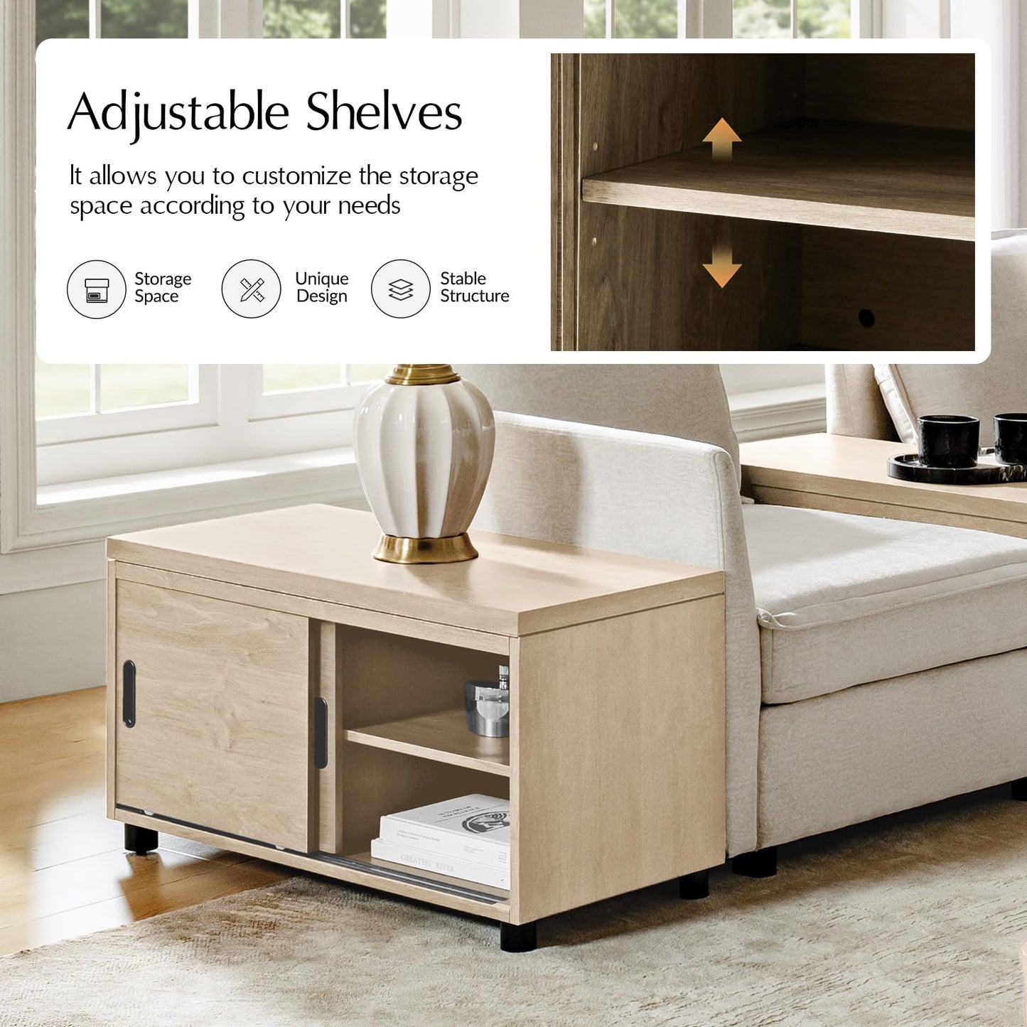 HULALA HOME Coffee Table with Storage, Modern Sofa Side Table with Modular Design, Rectangle Wood End Table with Adjustable Shelves, Natural