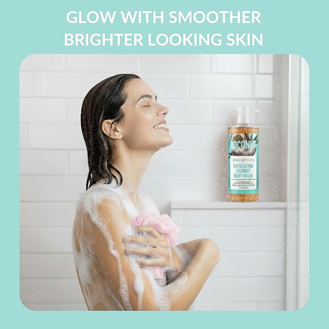 SpaScriptions Exfoliating Coconut Body Wash - 32 oz Scented Moisturizing Body Wash Scrub with African Black Soap for Smooth Glowing Skin and Brown Sugar for Gentle Hydrating Exfoliation, Paraben Free