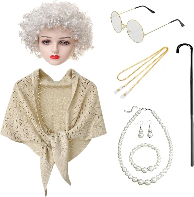 QAQ-COSPLAY 100 Days of School Costume for Women – Old Lady Costume with Wig -School Grandma Costume with Accessories