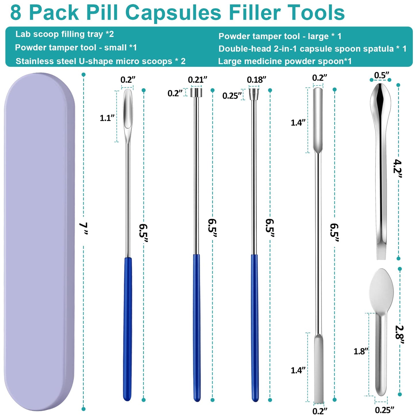 8 Piece Capsule Filling Machine Kits for Empty Pill Capsules Filler, Home & Lab Supplies - Micro Tiny Spoon Spatula, Lab Scoop Filling Tray, Herb Powder Tamper Tool, Gel Capsules Size #000 00 0 1 2 3