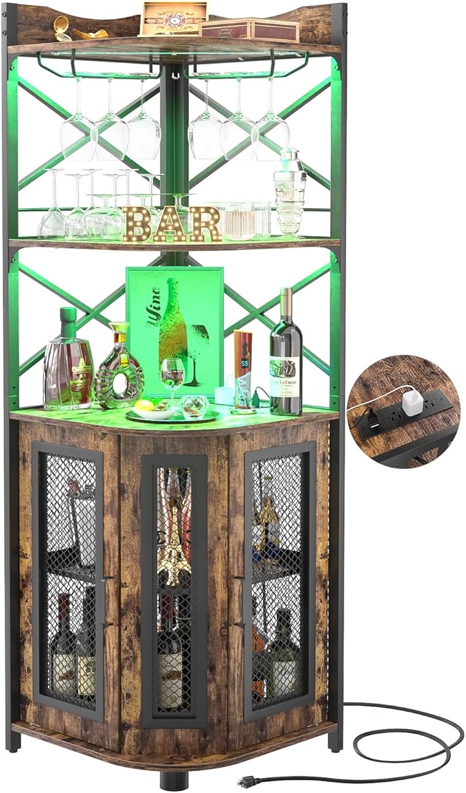 Aheaplus Corner Bar Cabinet with Power Outlet, Industrial Wine Cabinet with LED Strip and Glass Holder, 5-Tiers Liquor Cab...