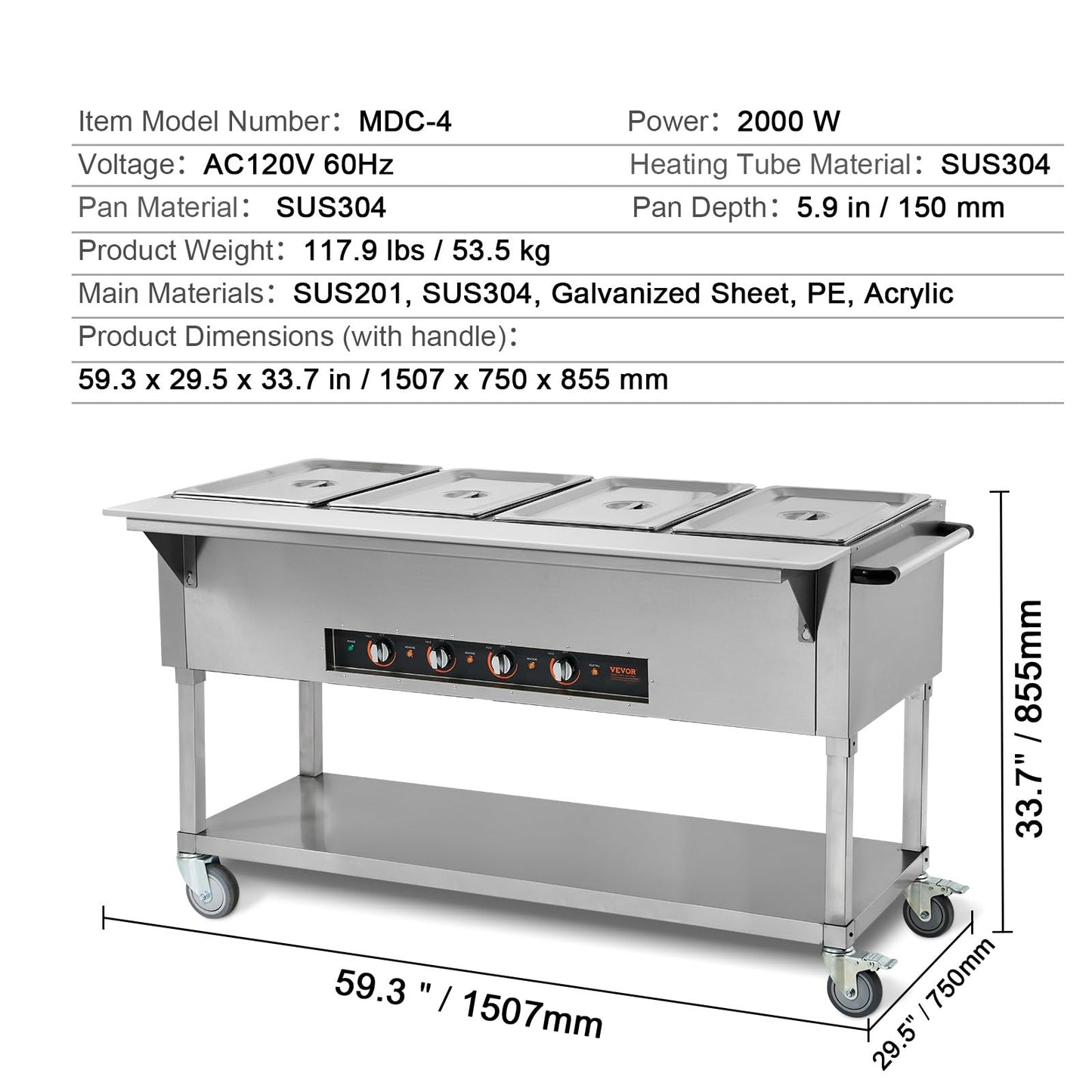 VEVOR Commercial Food Warmer, 2000W Electric Steam Table with 4 x 20.6QT Pans, Versatile Food-Grade Stainless Steel Server with Countertop & Shelf, Movable Buffet Catering Warmer for Party Restaurant