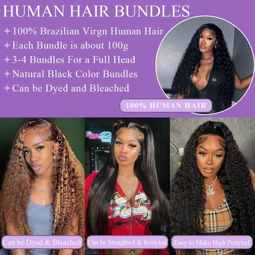 UDesire Deep Wave Human Hair Bundles 12A Brazilian Virgin Human Hair Bundles 18 20 22 Inch Wet and Wavy Curly Bundles Human Hair Extensions for Black Women Natural Black Color