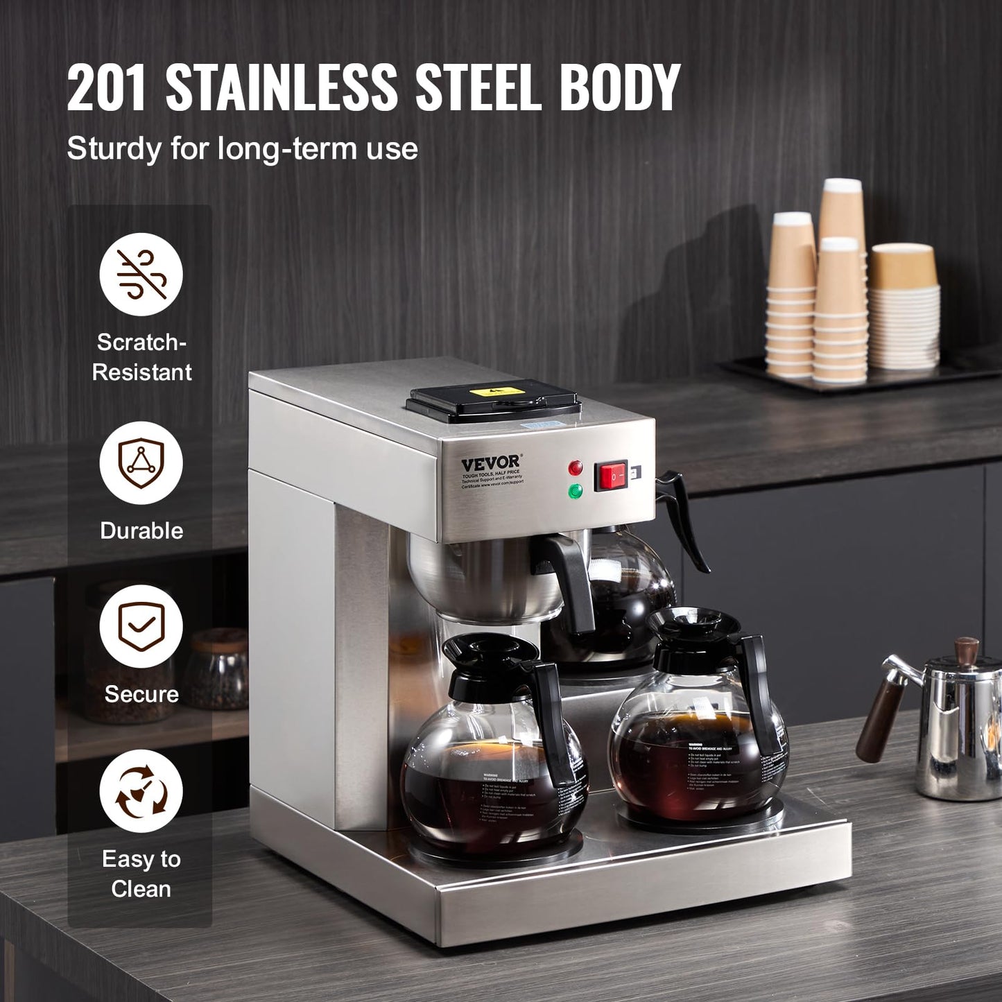 VEVOR 12 Cups Commercial Drip Coffee Maker, Coffee Maker Machine with 3 Glass Carafes and 3 Warmer Plates, Stainless Steel Pour Over Coffee Brewer for Restaurant, Office, Cafe