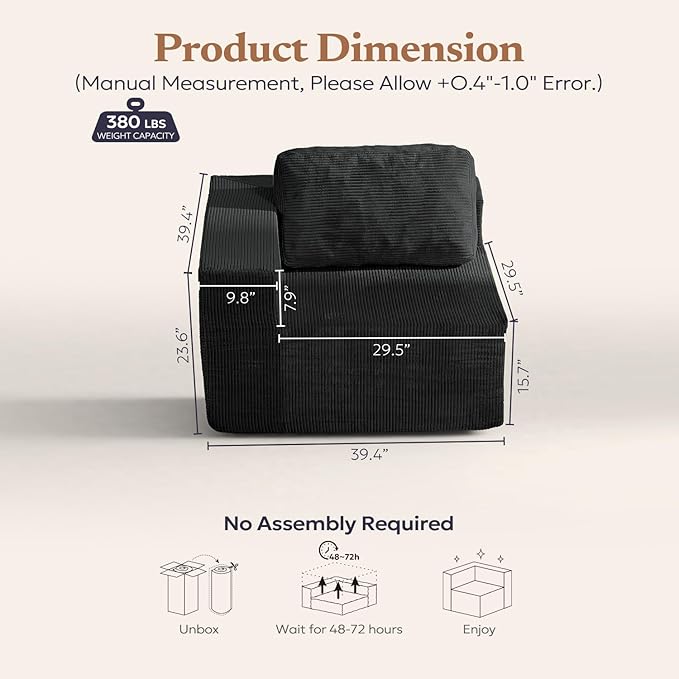 Furnify 40" Modular Upholstered Foam Couch, Upholstered Floor Sofa Couch with Pillow, Single Sofa for Bedroom Living Room, No Assembly Required (Corduroy Fabric, Black)