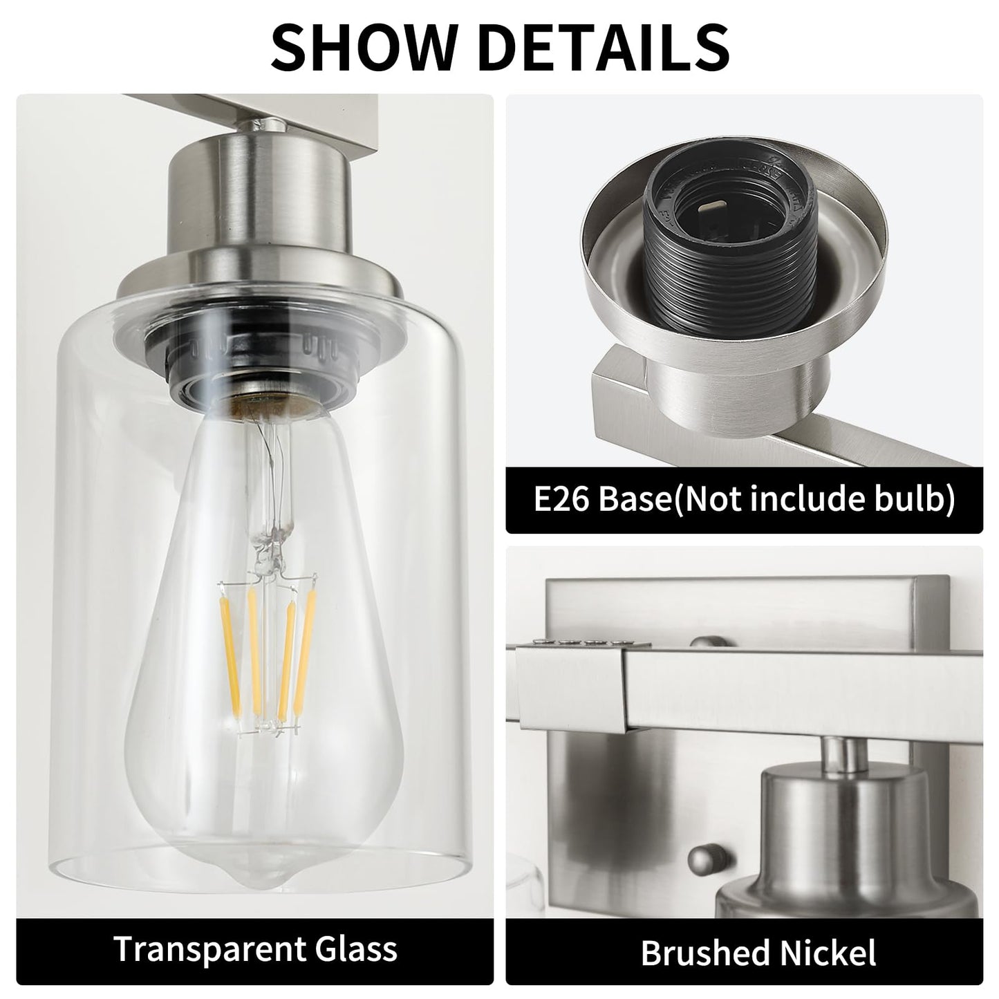 DIKAIDA Bathroom Vanity Light, 4-Light Nickel Modern Matte Wall Sconce Lighting with Clear Glass Shade, Wall Lights,Bath Vintage Wall Mounted Lamps for Mirror Bedroom Living Room
