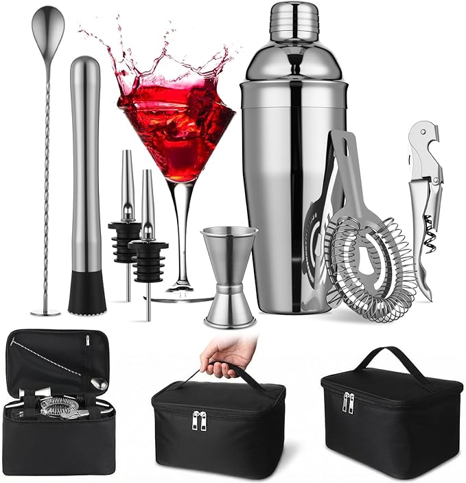 Widecook 9 Pcs Travel Bartender Kit Cocktail Shaker Set with Bag 25oz Martini Shaker Kit, Ice Crusher, Wine Opener, Strain...