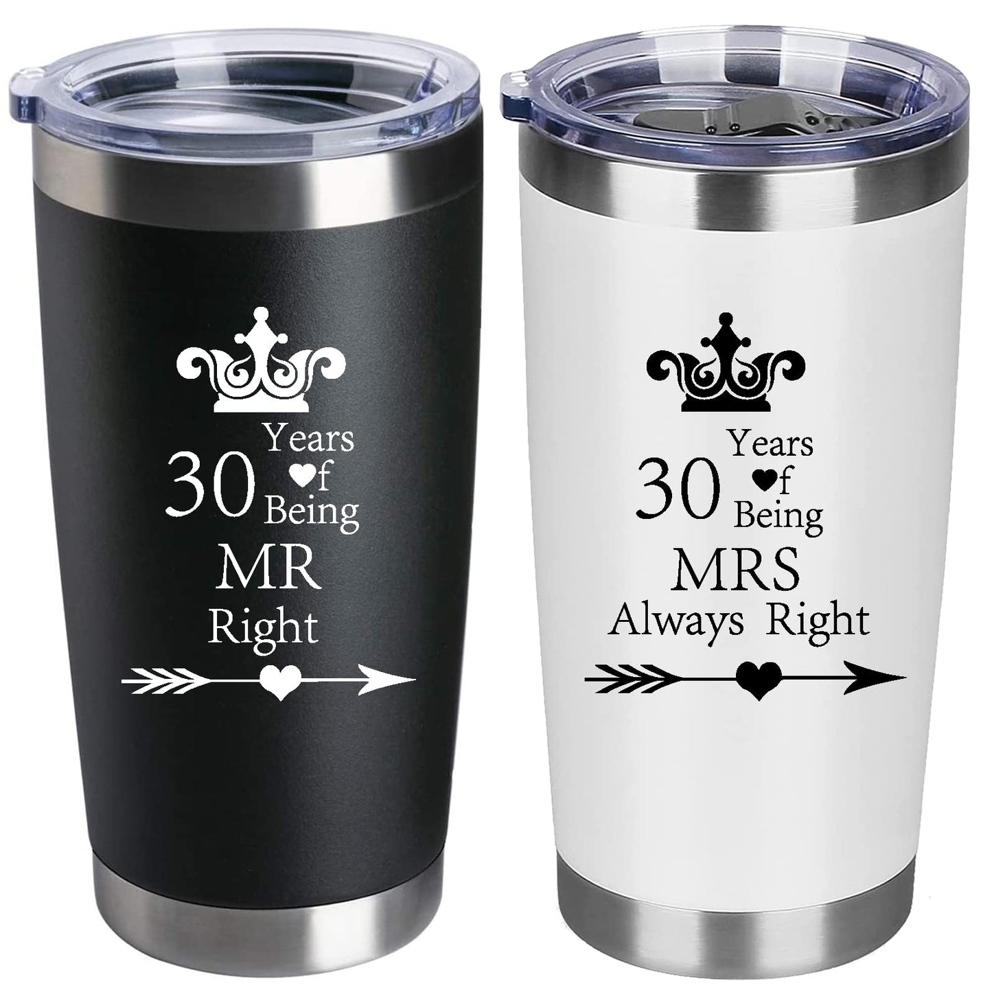 HLIKEM Set of 2 Wedding 30th Engagement Anniversary Tumblers for Couples Parents 20 OZ Stainless Steel Insulated Car Tumbler Travel Mug Mr Right Mrs Always Right 30 Years Anniversary Funny Present
