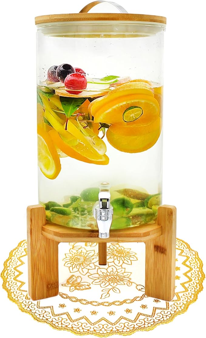 Winsterch 2 Gallon Drink Dispenser for Parties, Glass Beverage Dispenser with Wood Stand and Spigot, Lemonade, Tea, Juice ...