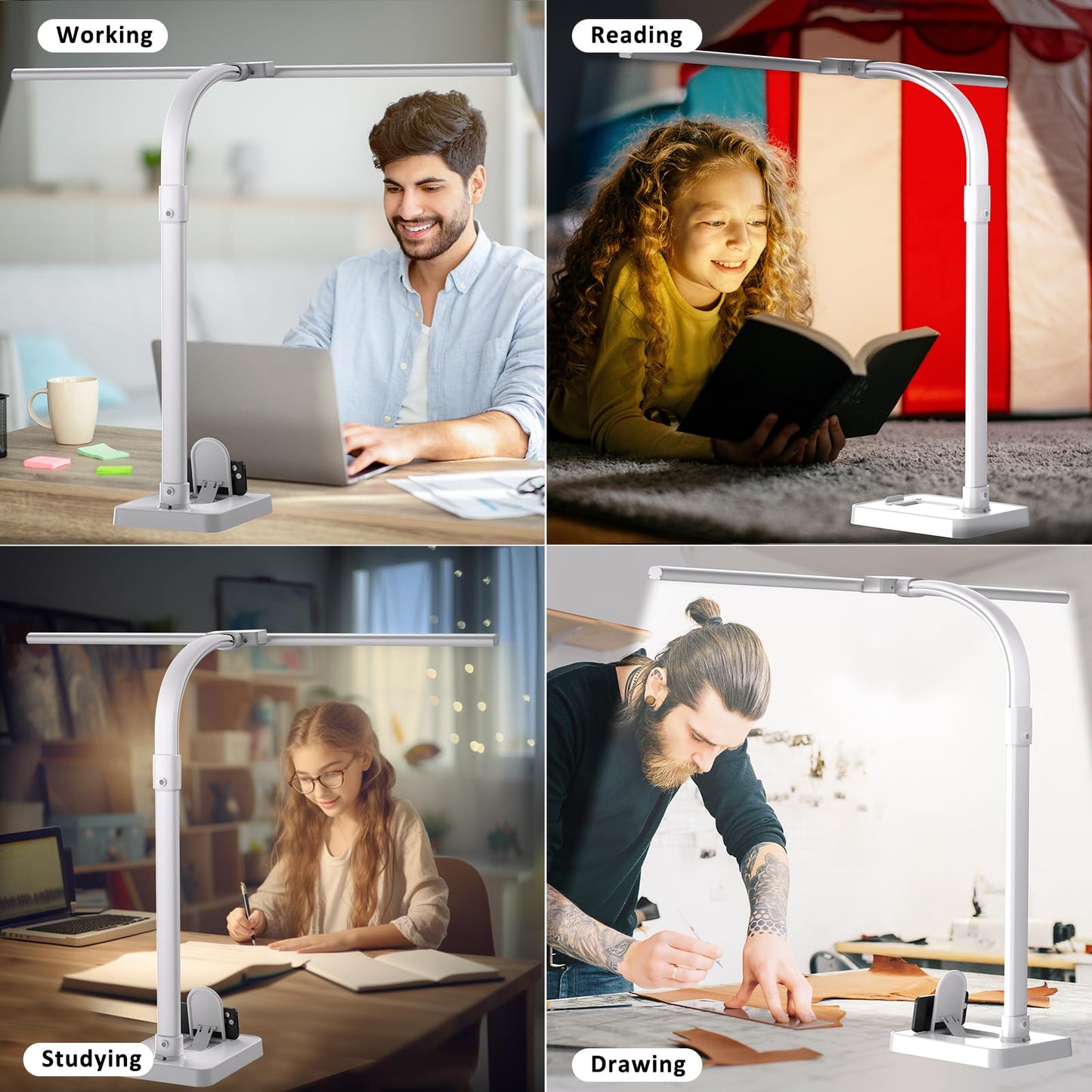 Ksunun Double Head LED Desk Lamp, Architect Desk Lamps for Home Office, 24W Brightest Workbench Office Lighting-5 Color Modes and 5 Dimmable Eye Protection Modern Desk Lamp (White-Desktop, Big)