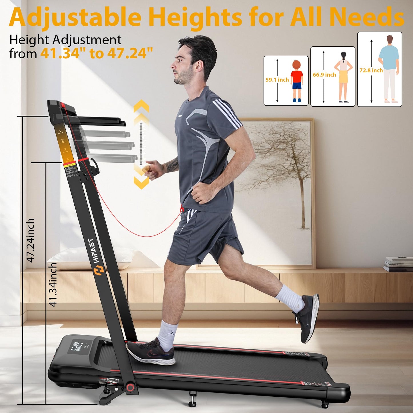 HiFast Walking Pad Treadmill, 3.0HP Under Desk Treadmills with 8% Incline, Adjustable Height Foldable Treadmill for Home Office, 300lbs Capacity with Removable Desk Workstation, Remote Control, APP
