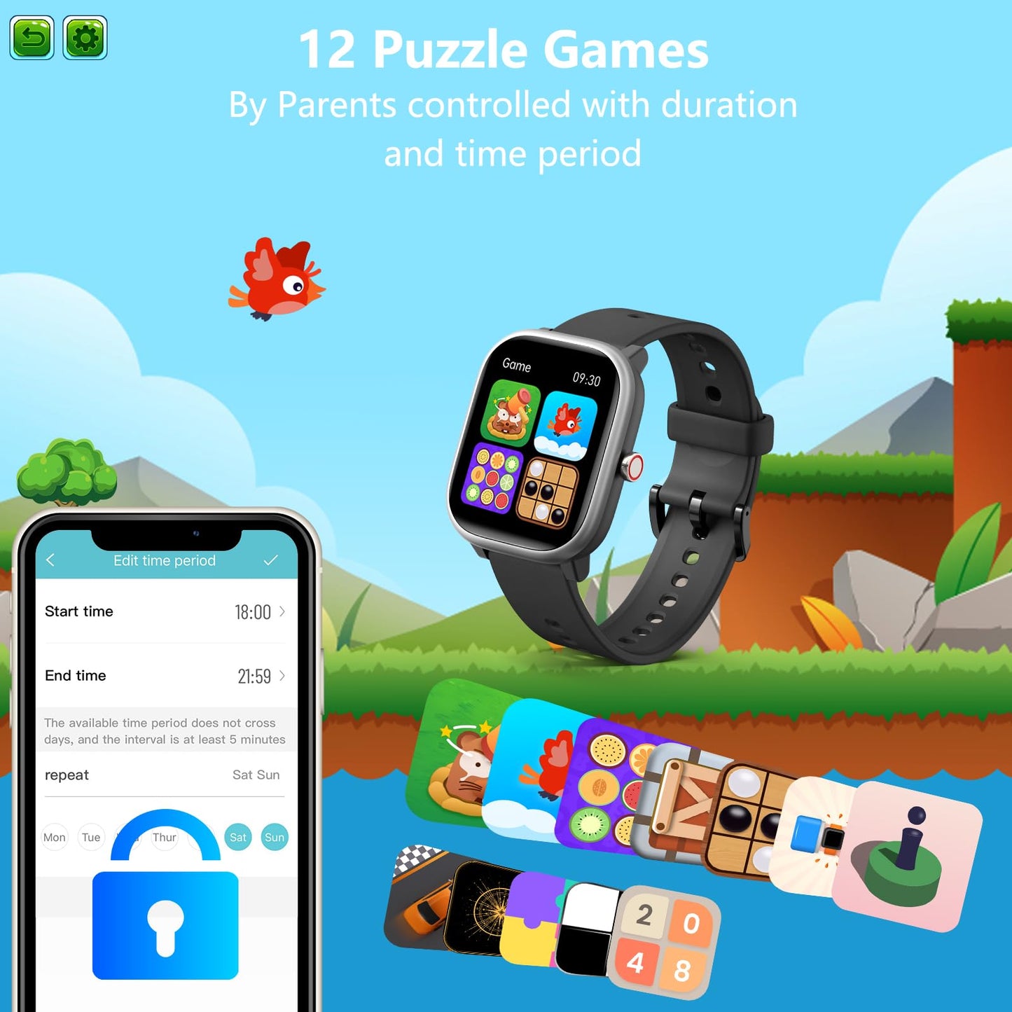 Kids Wach for Girls Boys 6-15 Year Old - Smart Watch for Kids 1.8" Fitness Tracker,No Phone Needed,Pedometer Sleep Monitor Heart Rate Waterproof,Puzzle Game for Girls Boys Teens Birthday Gift (Black)