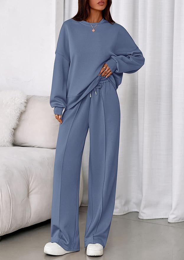 PRETTYGARDEN 2 Piece Sets For Women Fall Trendy Long Sleeve Sweatshirt Wide Leg Pants Loungewear Set Matching Sweatsuit