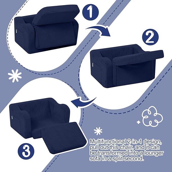 MeMoreCool Toddler Corduroy Chair – 2-in-1 Foldable Sofa Bed, Navy | Ages 1–3, Lightweight & Compact, Washable Cover for Nursery & Travel