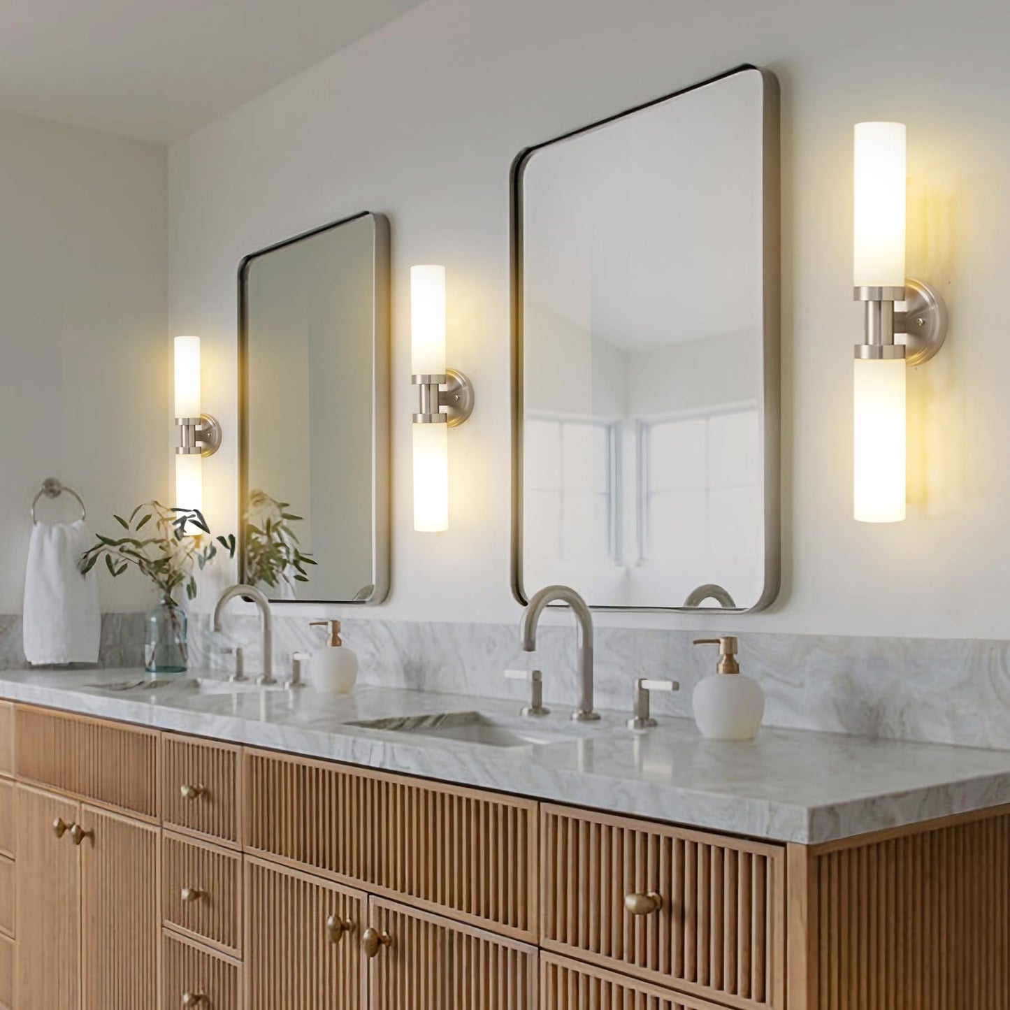 SANTOSTOCK Brushed Nickel Bathroom Light Fixtures, 2-Light Vanity Lights W/White Glass Shade, Modern Sconces Wall Lighting for Mirror Kitchen Bedroom Hallway Living Room, E26 T10 Bulbs(Excluded)