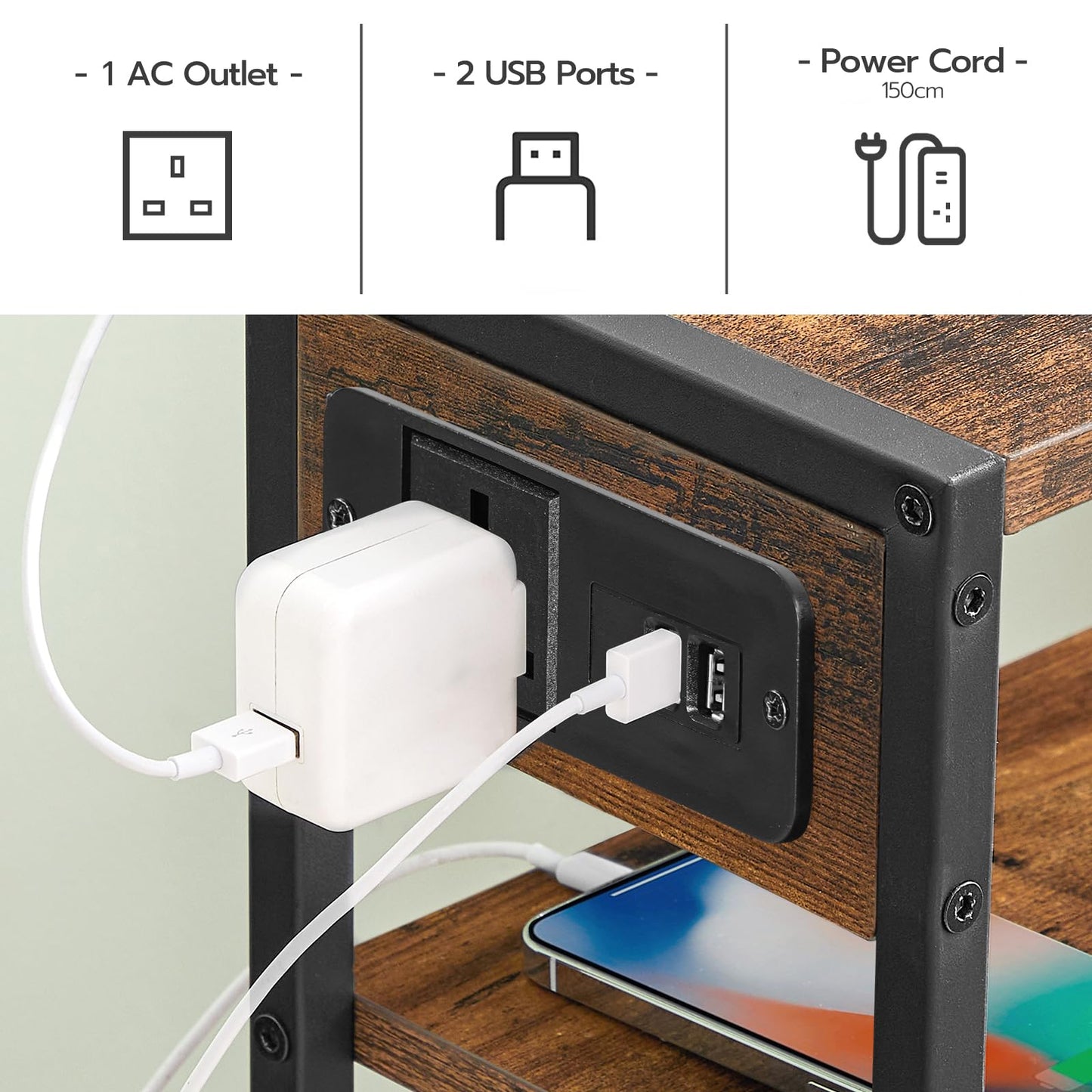 HOOBRO Slim Side Table with Charging Station, Narrow Bedside Table for Small Spaces, 3-Tier End Table with USB Ports and Power Outlet, Rustic Brown and Black EBF102KBZ01