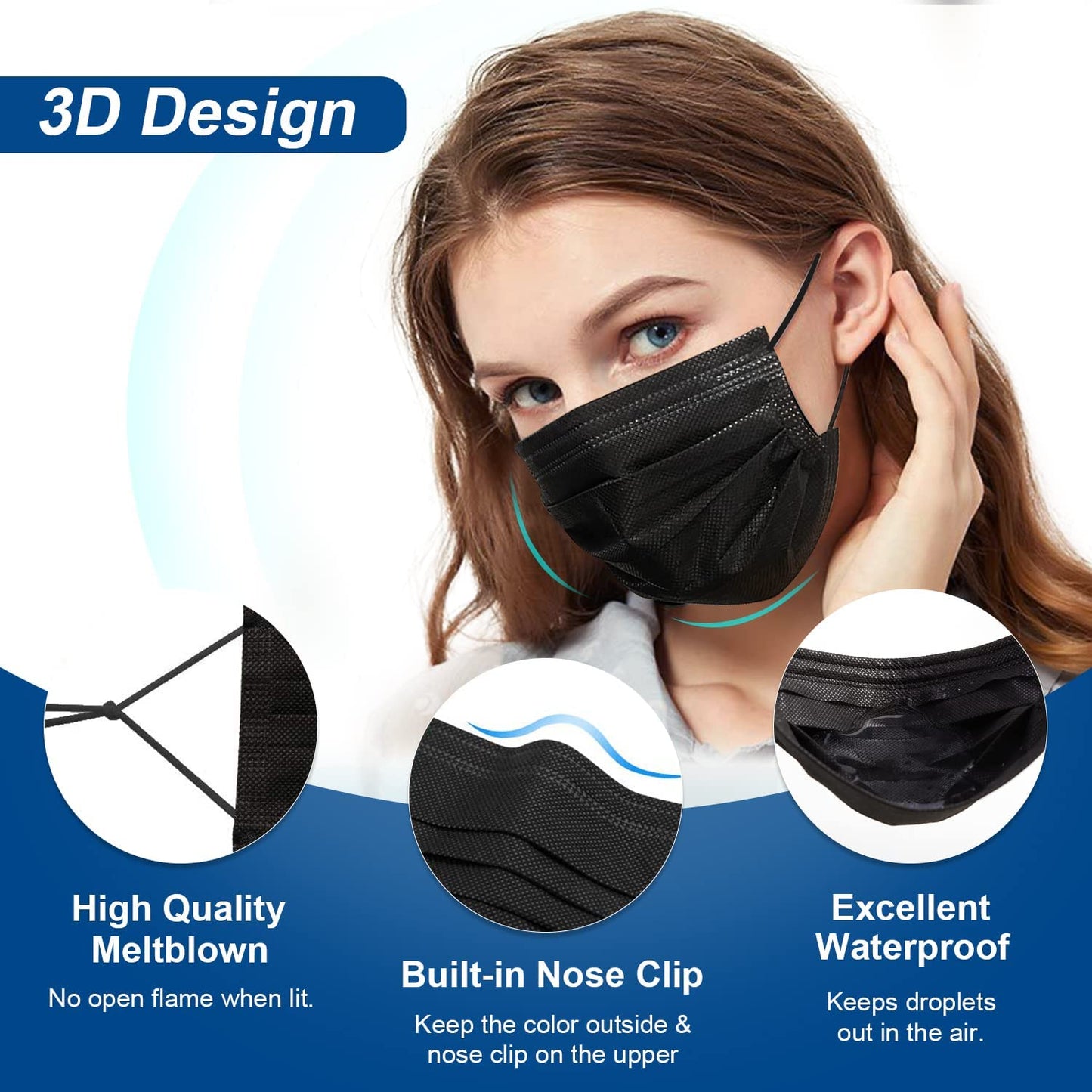 Hotodeal Disposable Face Masks, Lightweight Breathable Facial Masks for Adult, Men, Women, Indoor, Outdoor Use 50 Pcs (Black)