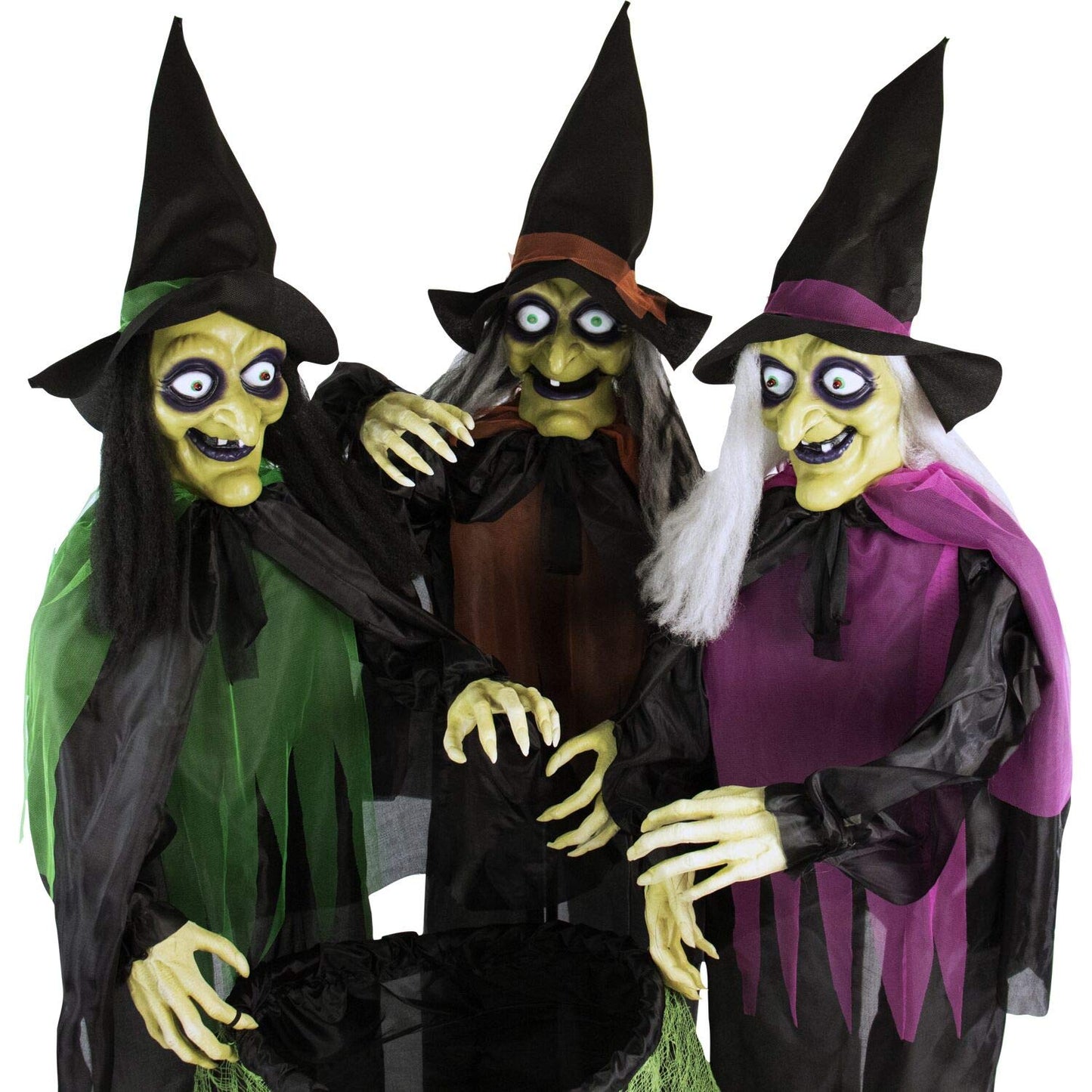 Haunted Hill Farm Life-Size Scary Talking 3 Witches with Cauldron Halloween Animatronic, Indoor or Covered Outdoor Poseable Halloween Decorations with Light up Eyes and Sound, Battery Operated