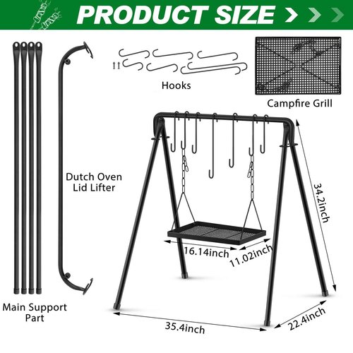 Rossesay Campfire Swing Grill Stand Adjustable Grill Cooking Stand Hanging Rack with 8 Hooks and Accessories Campfire Cooking Equipment for BBQ Picnic Outdoor Party(Normal Tray)