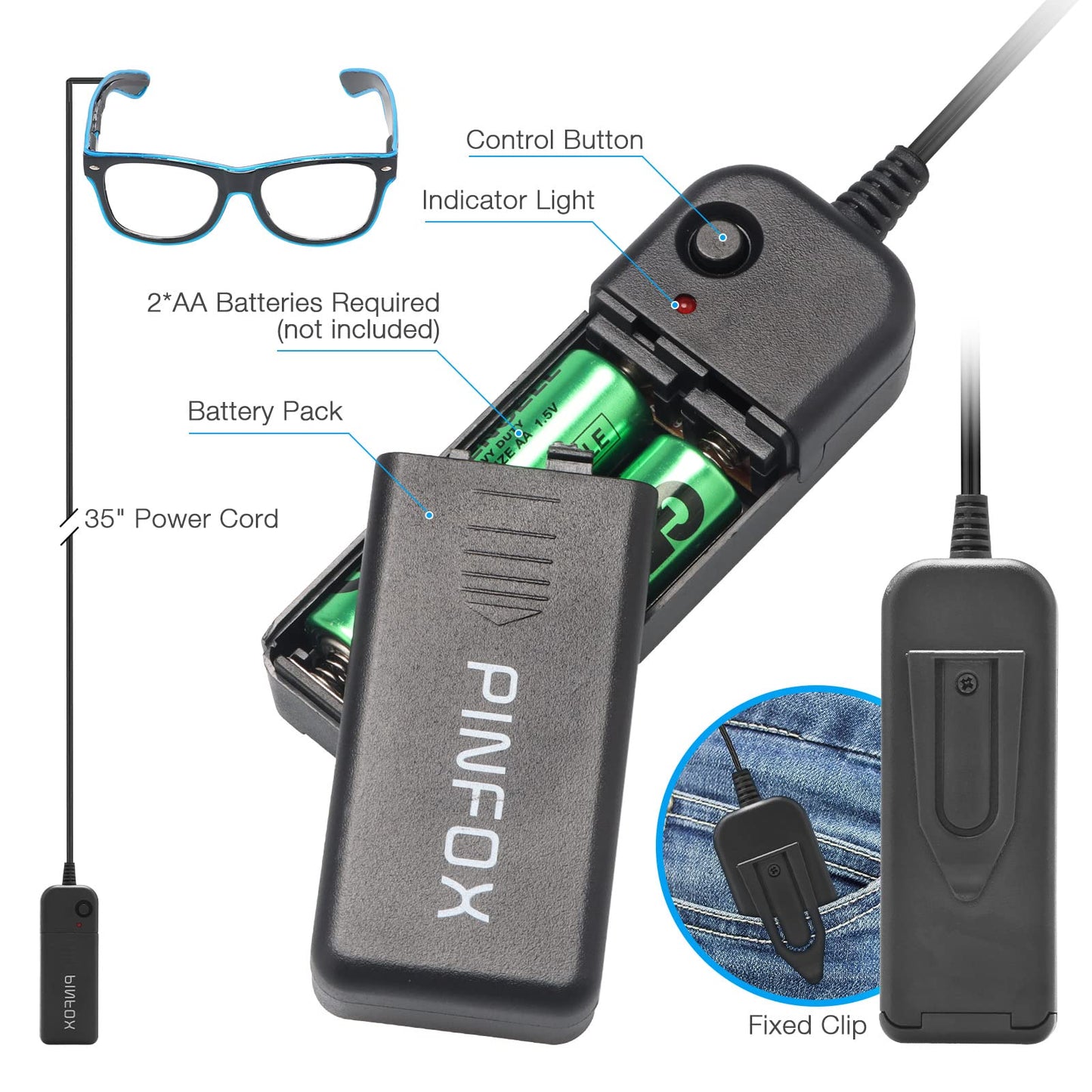 Aquat Light up EL Wire Neon Rave Glasses Glow Flashing LED Sunglasses Costumes For Party, EDM, Halloween, Wired with Battery Power RB01 (Blue, Black Frame)