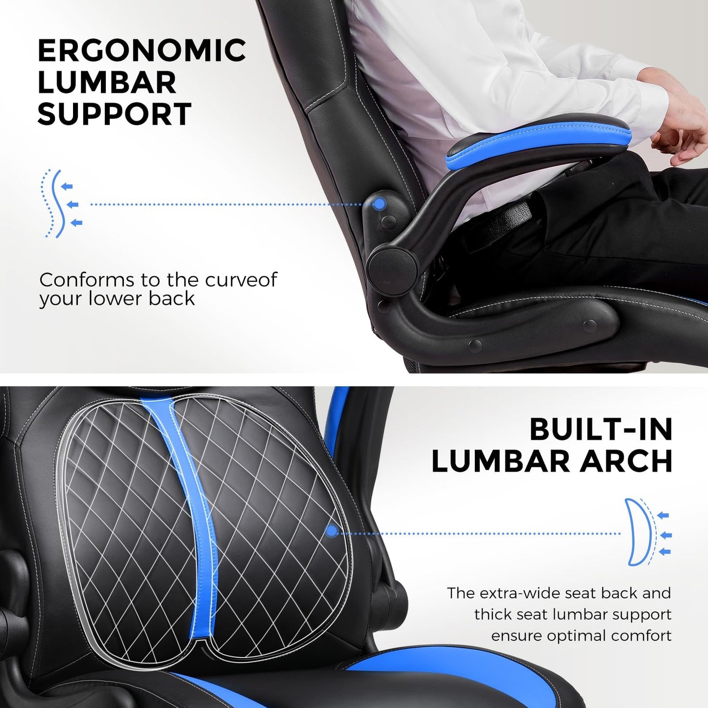 COMHOMA Office Computer Gaming Chair Ergonomic Desk Chair for Adults with Lumbar Support Flip-Up Arms Adjustable Height Swivel Wheels PU Leather Executive Design for Short People Use, Blue