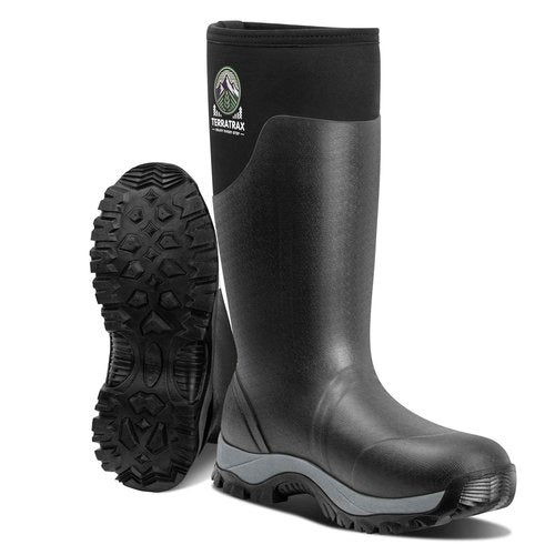 TerraTrax Men's Waterproof Insulated Rubber Hunting Boots – 6mm Neoprene Rain Boots for Outdoor Work, Fishing, Farming & Gardening Black Size 9