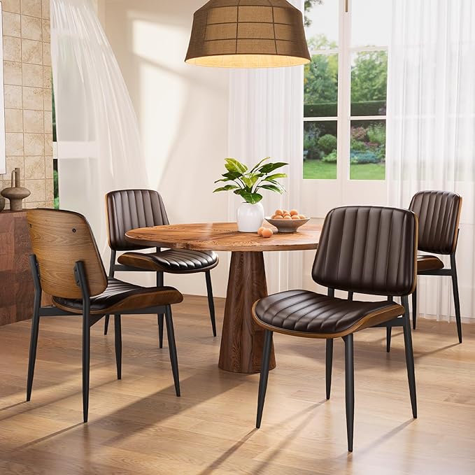 YaFiti Dining Chairs Set of 2, Mid Century Modern Dining Room Kitchen Chairs, Upholstered PU Leather Vertical Stripe Chairs for Vanity with Walnut Bentwood and Metal Legs, Brown