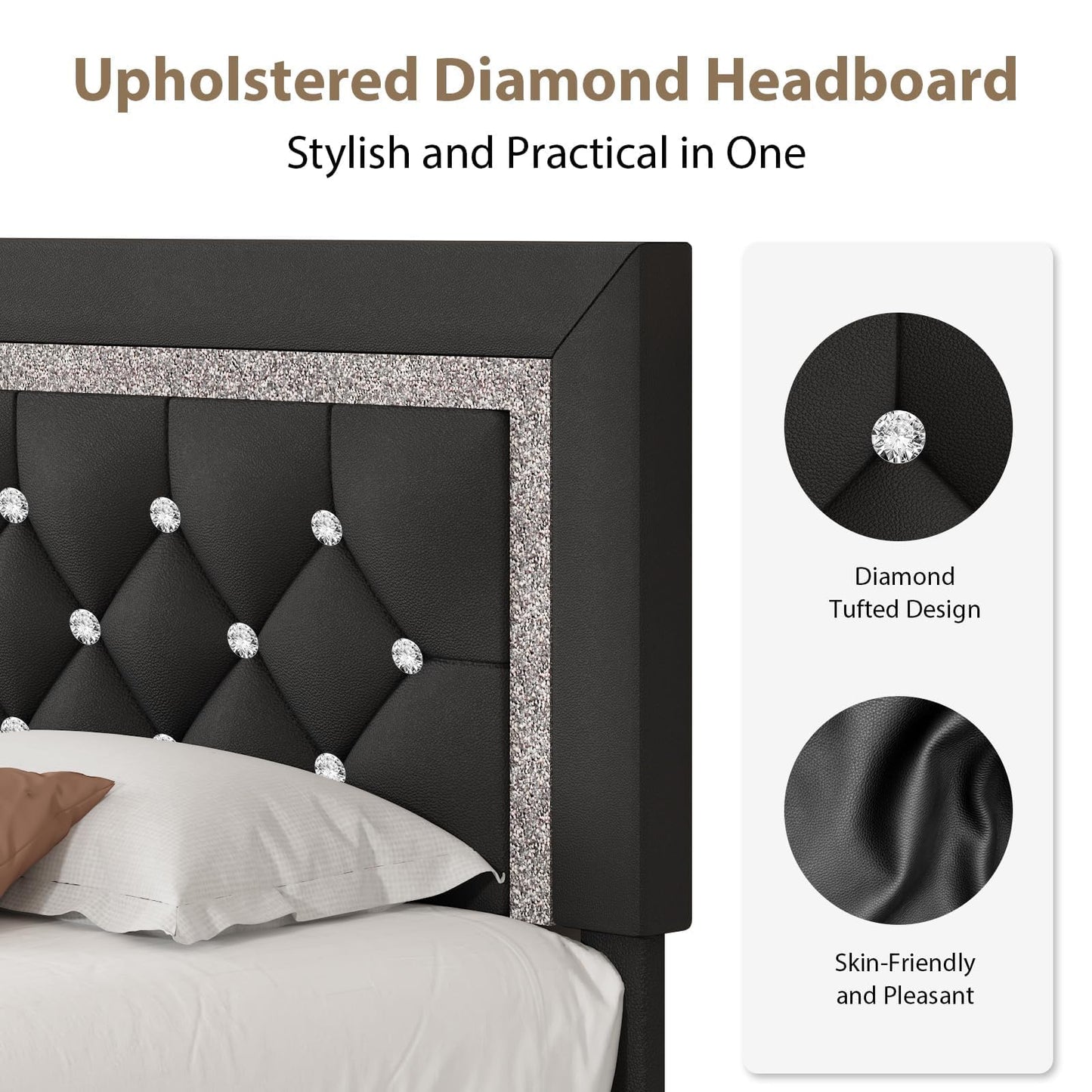 Twin Bed Frame with Tufted Button Headboard, Upholstered Platform Bed Frame with Diamond Design, Wood Slat Support, No Box Spring Needed, Easy Assembly, Black