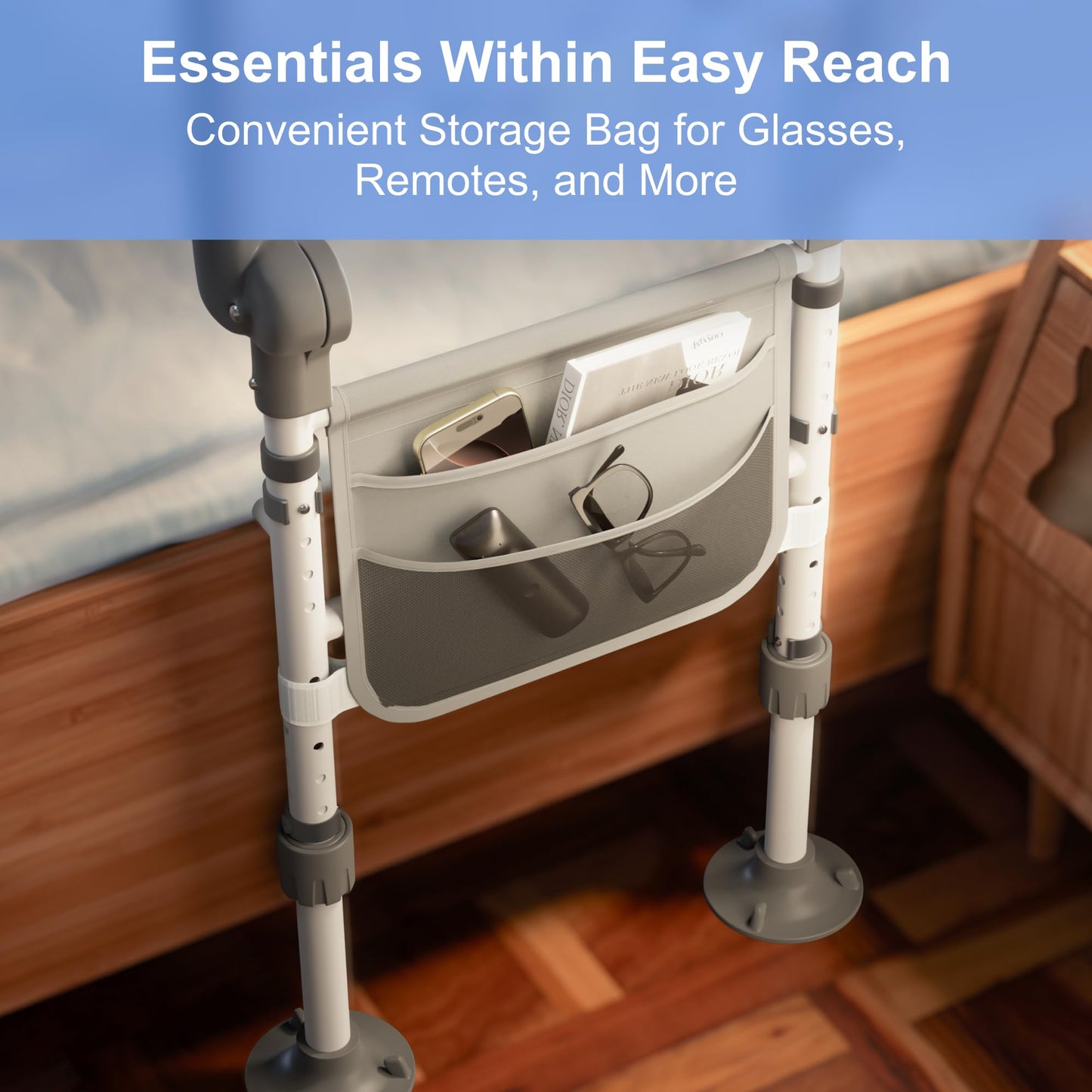 ONTHEWEI Bed Rails for Elderly Adults Safety – Foldable Bed Assist Rail with Adjustable Height, Non-Slip Handle, Motion Sensor Light & Storage Pouch, Fits King Queen Full Twin Beds, Supports 350 LBS