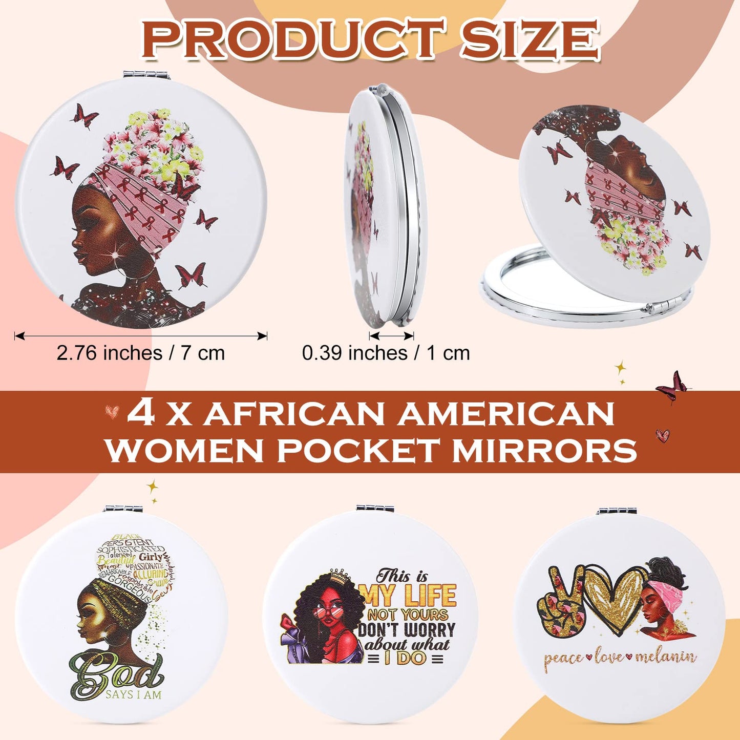 Fumete 4 Pcs African Women Compact Travel Makeup Pocket Mirror for Purse Mini Compact Small Double Sided Folding Mirror Portable