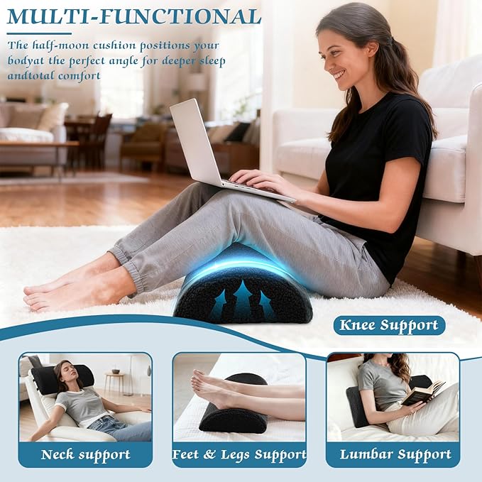 Queekay Health Large Half Moon Bolster Pillow for Legs, Knees, Lower Back and Head, Lumbar Support Pillow for Bed Sleeping Semi Roll for Ankle and Foot Comfort Washable Cover(Black)