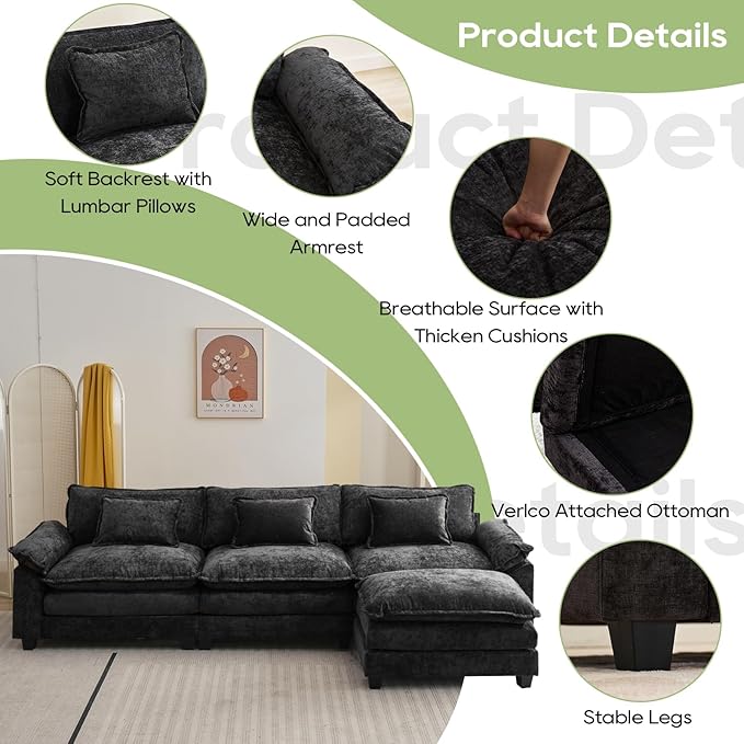 Oprisen 120" Modular Sectional Sofa, Comfy Cloud Couch Sectional Sofa with Ottoman, Chenille Sofa Sleeper Deep Seat Sofa with Throw Pillows for Living Room (Black, 120"- L Shape)