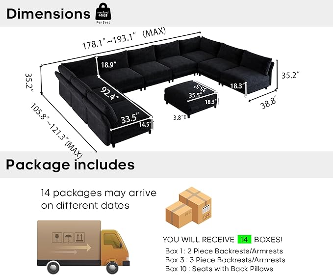 DreamDashio 193" Oversized Modular Sectional Sofa with Storage, U Shaped Sectional Cloud Couch for Living Room with Adjustable Arms Backs, Thick Cushions 10 Seater, Dark Grey Chenille