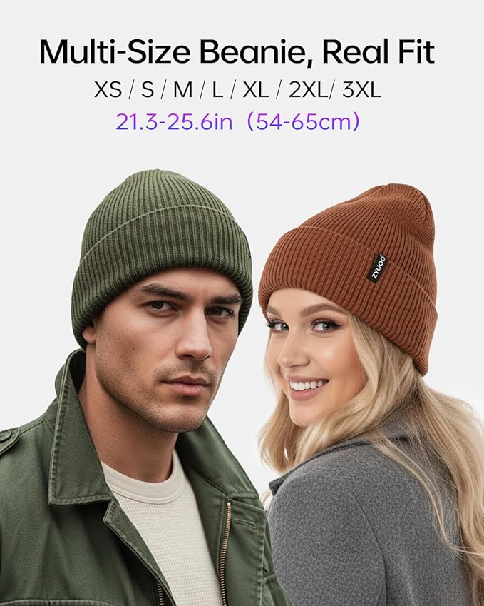 Zylioo Oversize Beanie Hats, XXL Big Size Ribbed Knit Cuffed Winter Hat for Cold Weather, Warm Skull Watch Cap