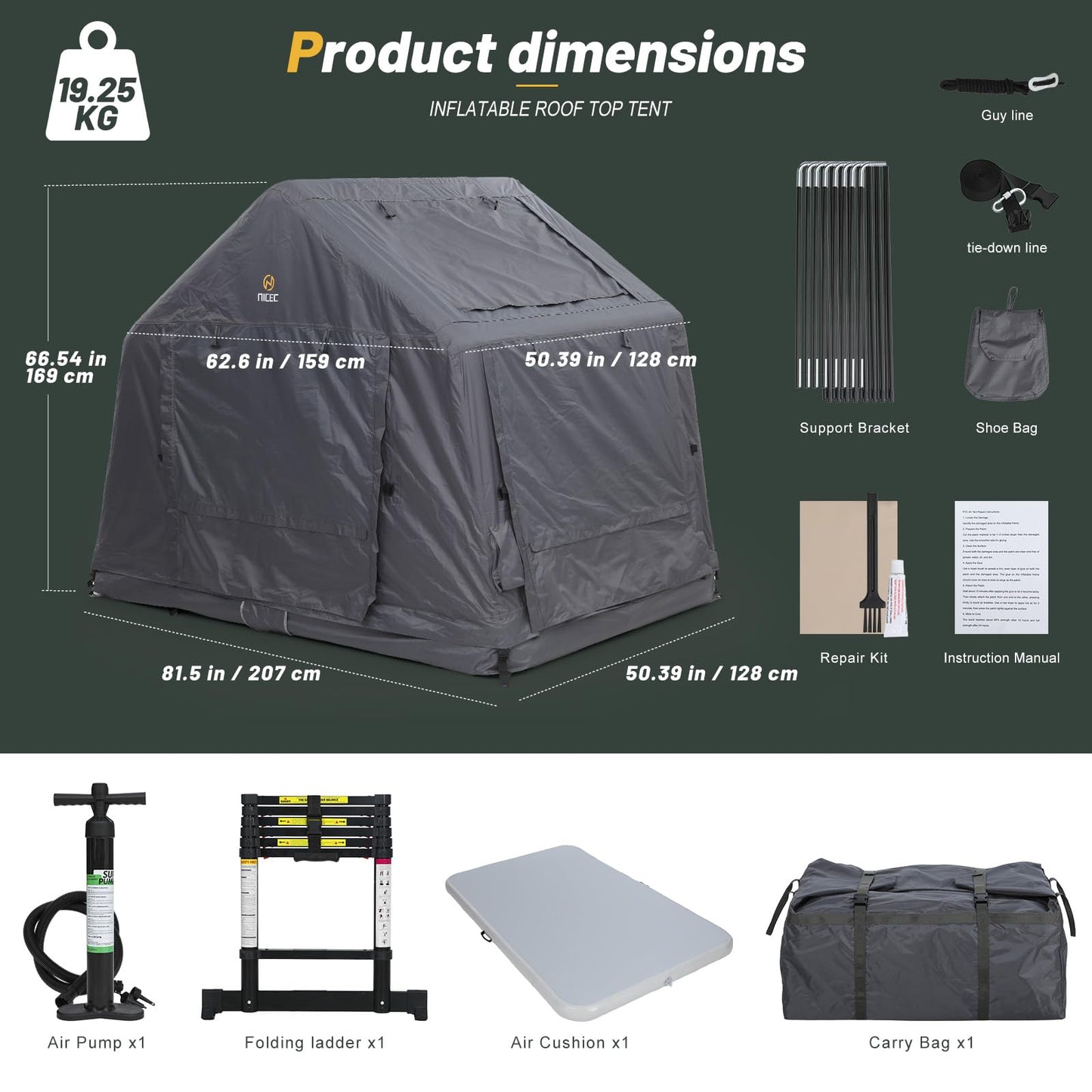 Nice C Inflatable Rooftop Tent with Air Mattress & Ladder, SUV Truck Car Tent for Camping, Easy Setup Pop-Up Camping Car Roof Tents with Pump, Waterproof Windproof Overland Tents (Black&Grey)