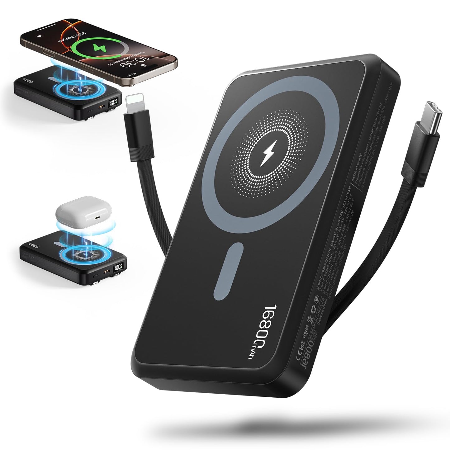 2025 Latest Magnetic Wireless Power Bank, 16800mAh Portable Charger with 2 Built in Cables, LED Display Magnetic Battery Pack Travel Essentials for iPhone 16/15/14/13/12/Pro/Mini/Pro Max Andriod