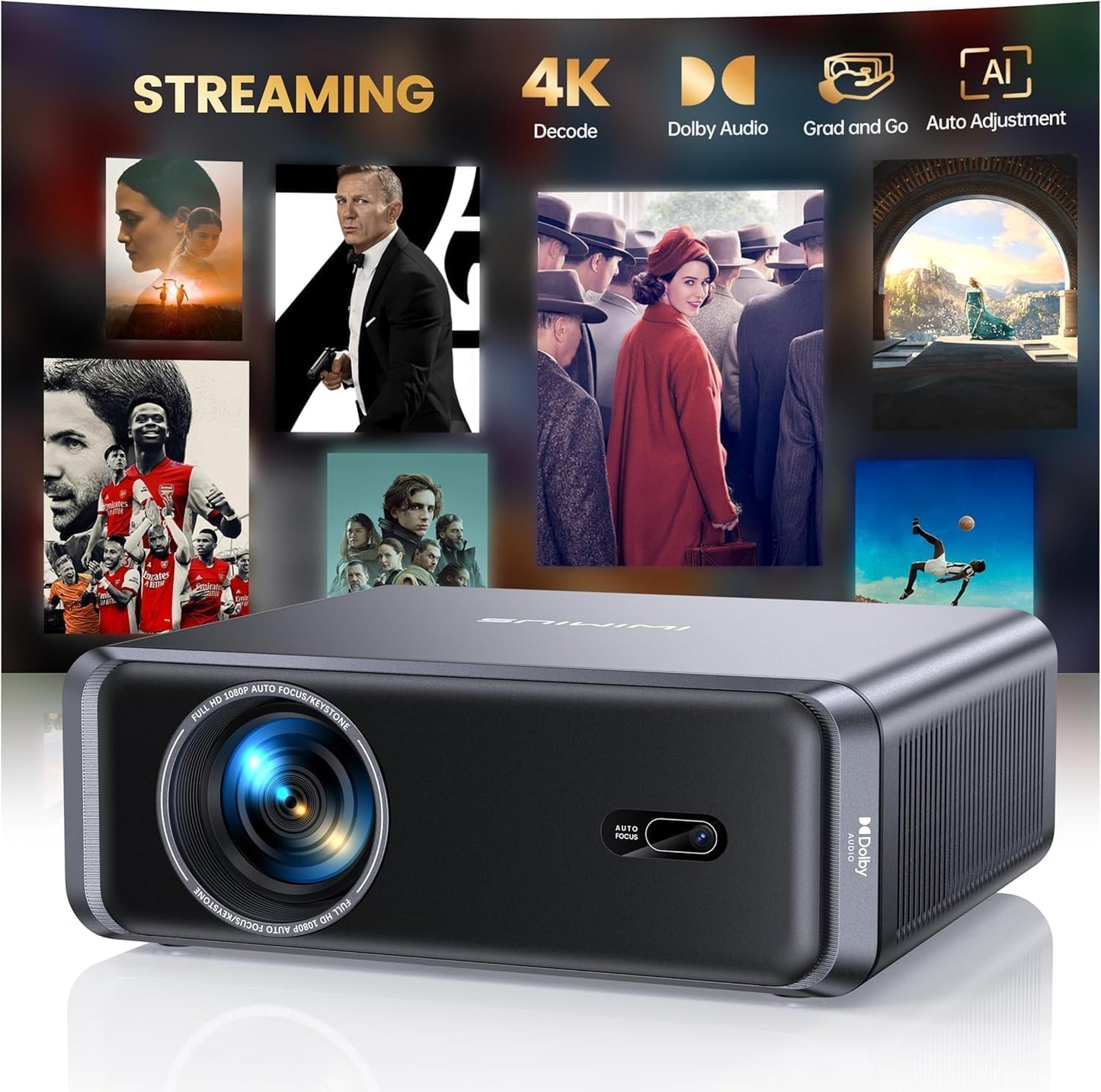 [Built-in Official App/4K Support/Compact]Smart-Projector with WiFi6 and Bluetooth, Outdoor Movie Projector & DoIby , Compatible with YouTube/PrimeVideo, AI Auto Focus, Portable Home Proyector