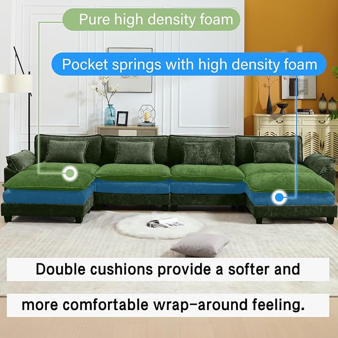 Oprisen 154" Modular Sectional Sofa, Comfy Cloud Couch Sectional Sofa with Ottoman, Chenille Sofa Sleeper Deep Seat Sofa with Throw Pillows for Living Room (Green, 154"- U Shape)