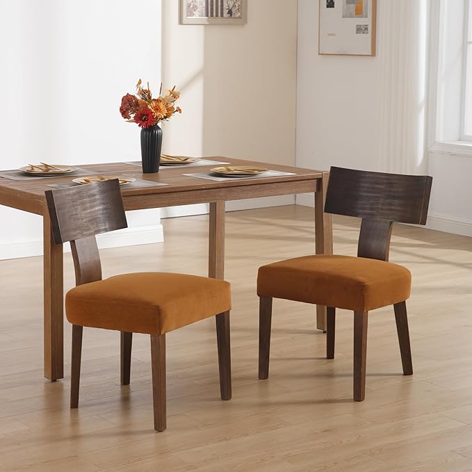 DM Furniture Velvet Dining Room Chairs Set of 6, Mid Century Modern Armless Side Chair with Solid Wood Legs and Curved Backrest for Living Space, Brown