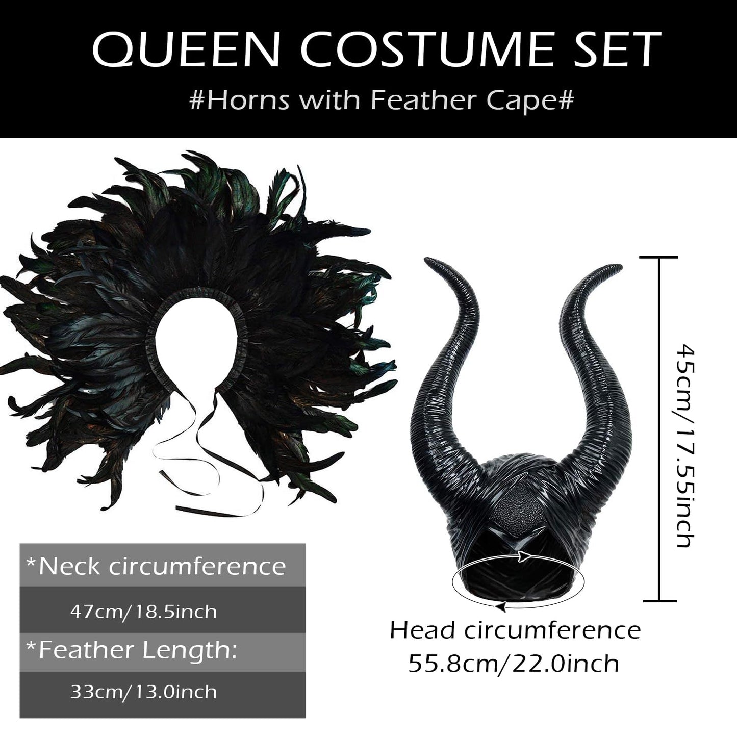 L'VOW Women Gothic Black Feather Cape Shawl Demon Witch Ox Horns Halloween Crow Evil Queen Costume(Style-1)