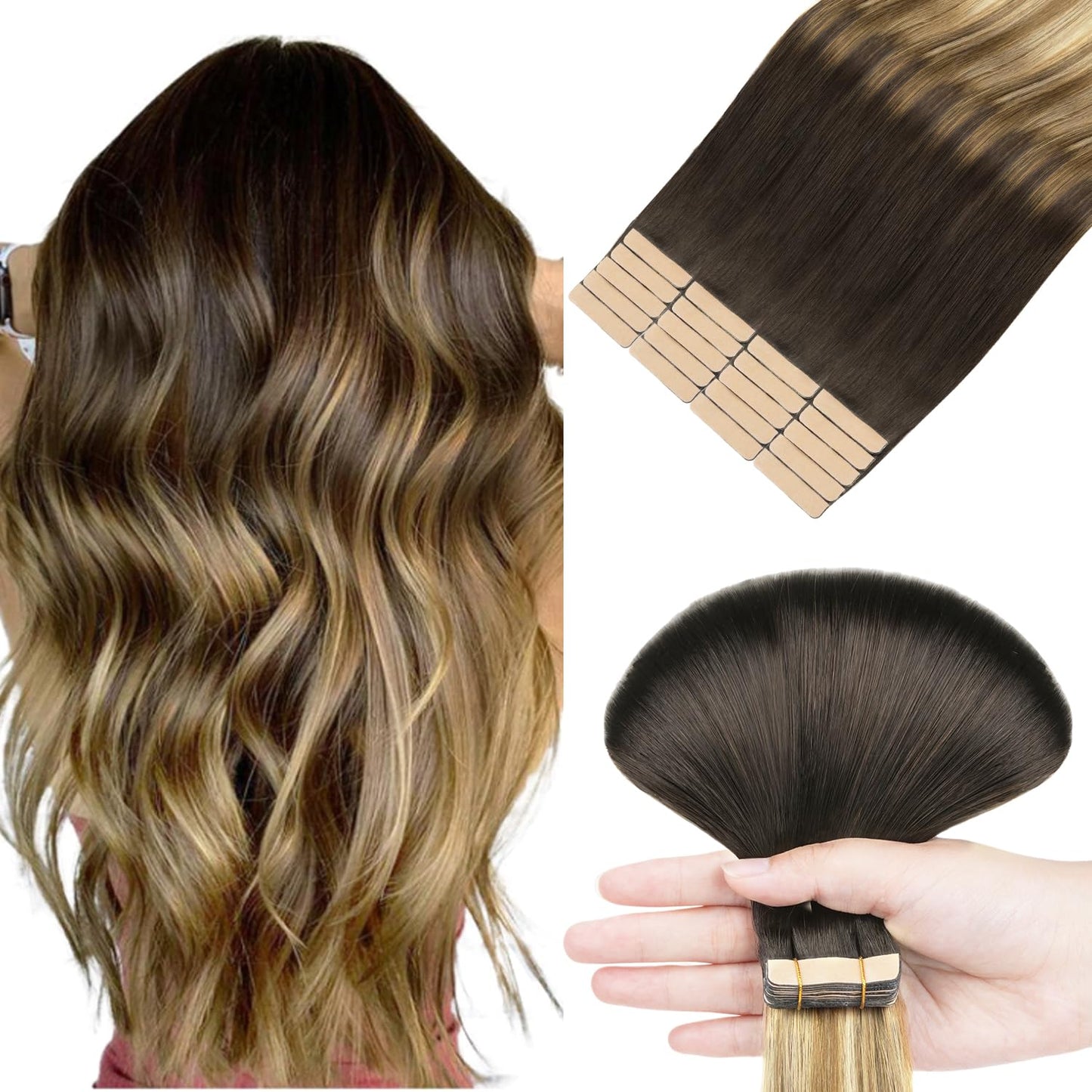 Tape in Hair Extensions, Dark Brown to Light Brown and Ash Blonde Balayage Color Real Human Hair Extensions, Straight Remy Tape