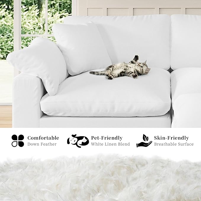 Intuition Decor Modular Sectional Sofa Cloud Couch,Down Filled Comfy Cloud Modern Sofa,White Linen Oversized Couch Cushion Covers Removable for Living Room(3 Seater)